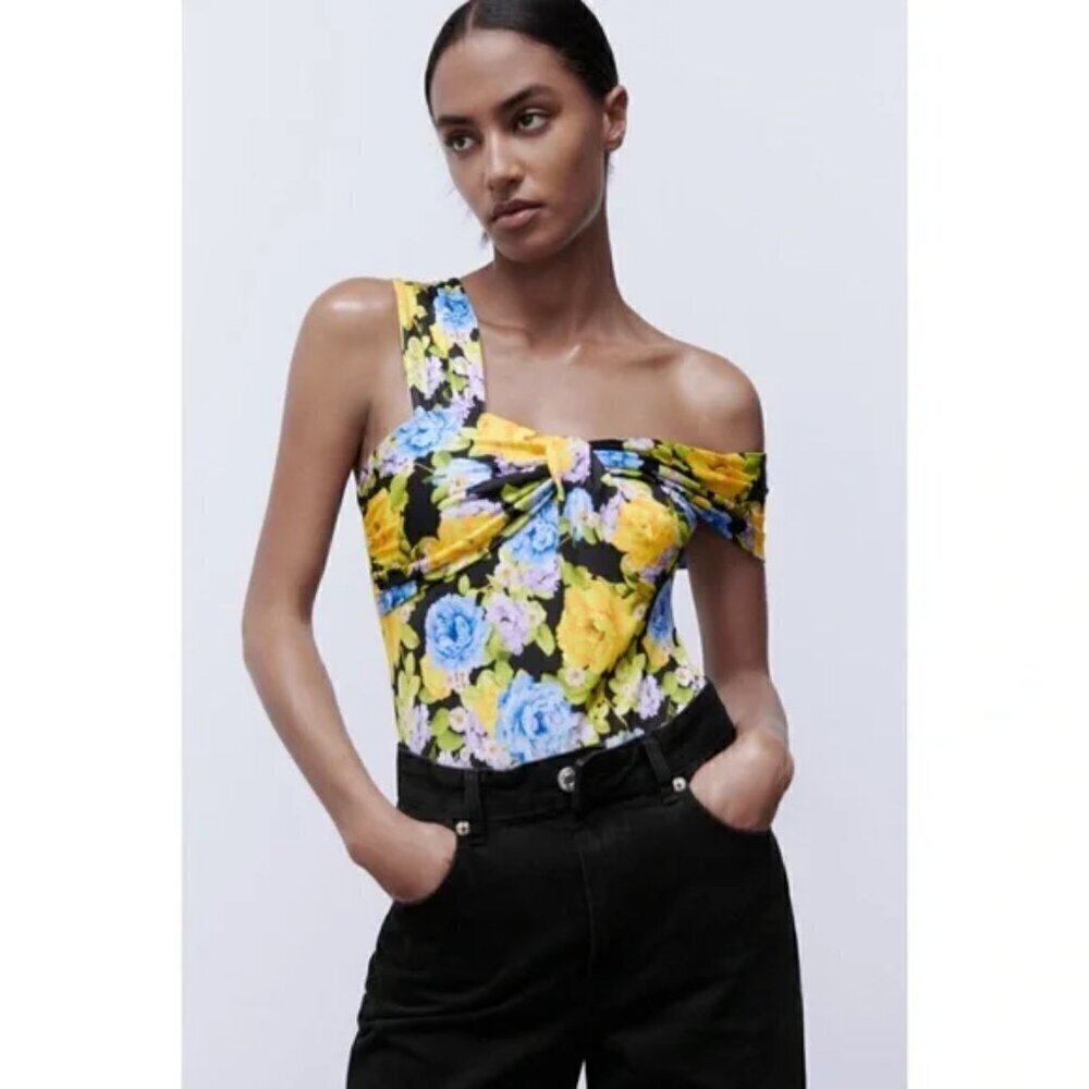 New Zara Floral Printed Asymmetric Neckline Blue/Black Bodysuit With Knot Small